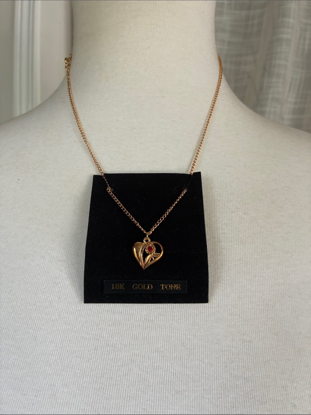 18K Gold Tone Heart Pendant Necklace with Red Accent